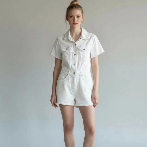 Zara Pants - Zara Womens White Denim Romper Size Medium Snap Button Front Utility Boilersuit